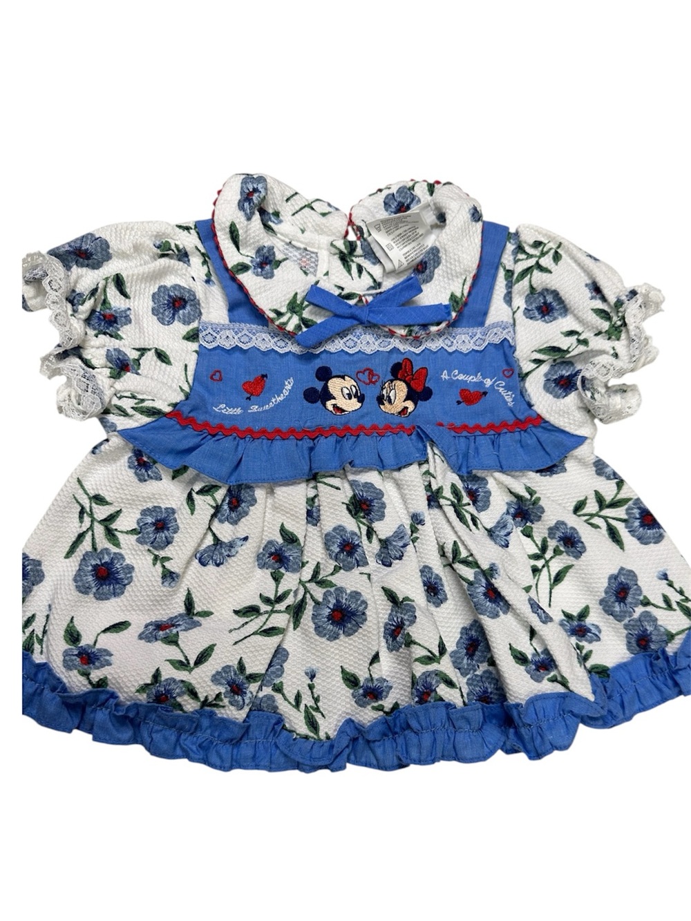 Vintage Disney Babies Mickey Minnie Floral Embroidered Baby Dress 0-6M Y2K